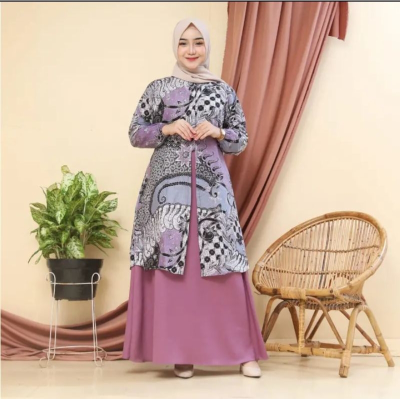 Gamis batik couple modern premium Gamis batik kombinasi polos Dress muslim Pakaian wanita lengan panjang Kemeja batik