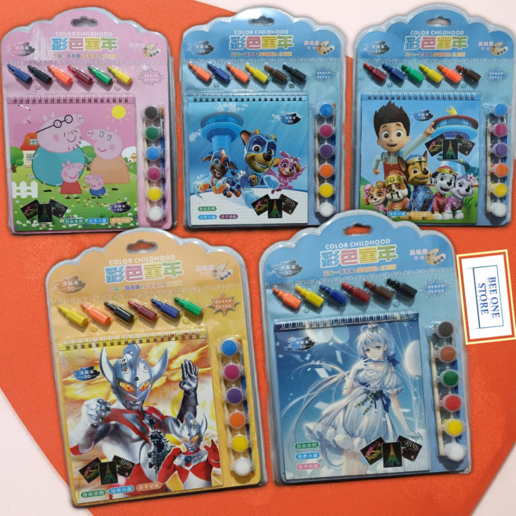 BEE ONE - Paket Buku Mewarnai Karakter Lucu Dengan Crayon dan Cat Air Buku Gambar