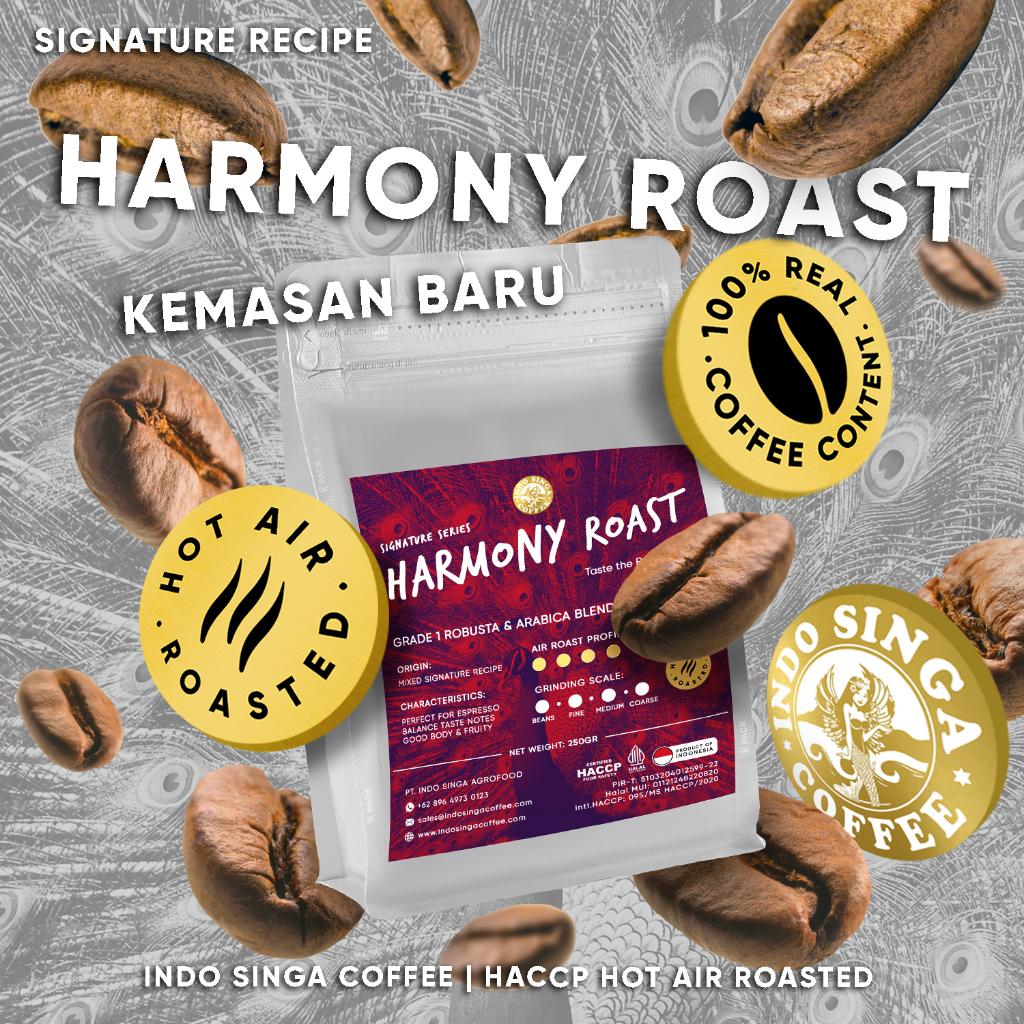 

Kopi Indo Singa Harmony Roast Arabica Robusta Blend Coffee | Hot Air Roasted Kopi Sangrai Arabika Robust Biji Bubuk | Cafe Latte Espresso Roast Manual Brew Grade 1 G1 Sarapan