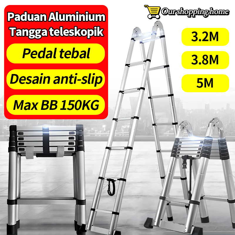 Tangga Lipat Aluminium Teleskopik Double Telescopic Ladder 3.2M/3.8M/5M