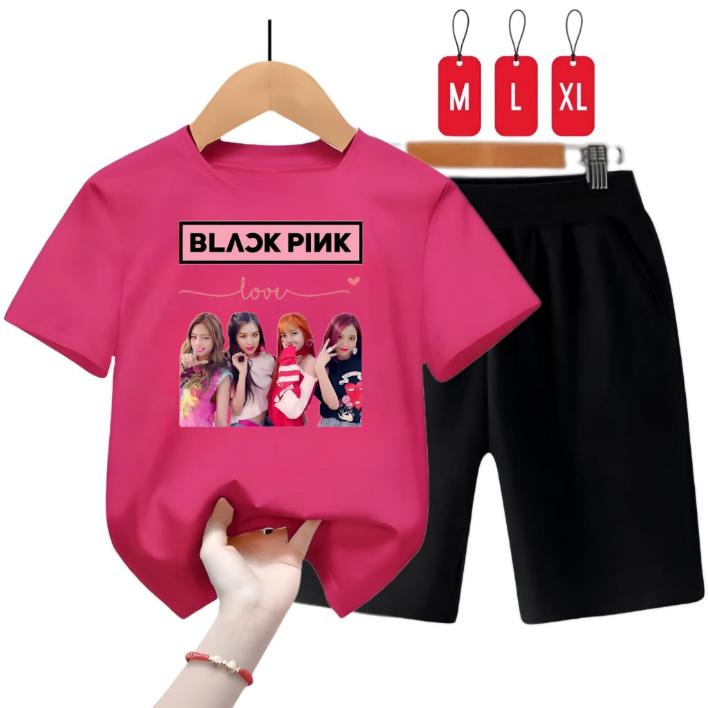 Hzl_outfit Setelan Kaos Celana Anak BLK pink Love M.L.XL