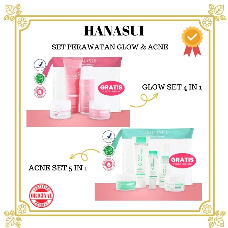 HANASUI Flawless Glow 10 | Acne Treatment - Day Night Cream Essence Gentle Cleanser Spot Gel |Hanasui Flawless Glow 10 Paket 4 in 1 | Acne Paket 5 in 1