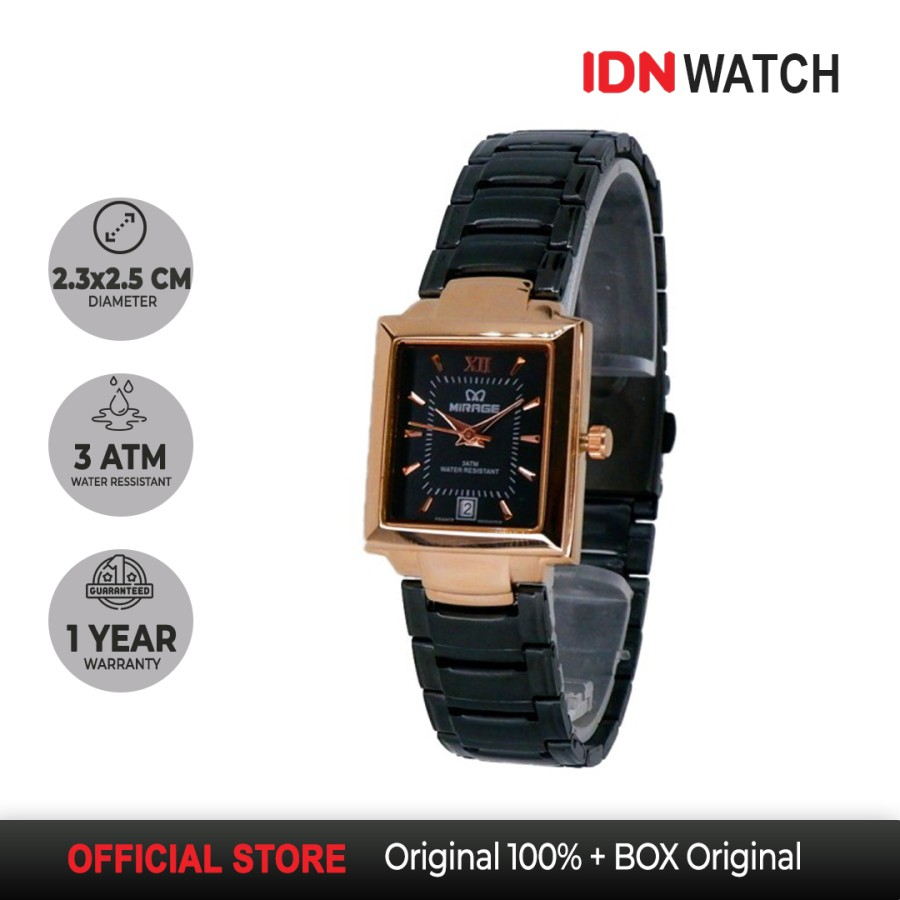 Jam Tangan Mirage Wanita Garansi 1 Tahun Segi Petak Terbaru Hitam Rosegold 7395L