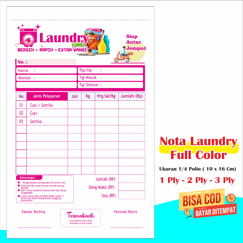 

Nota Laundry Full color nota laundry nota laundry 2 rangkap nota laundry 3 rangkap nota laundry 2 ply nota laundry 1 ply nota laundry 3 ply nota laundry mini nota laundry kiloan nota londry 03B