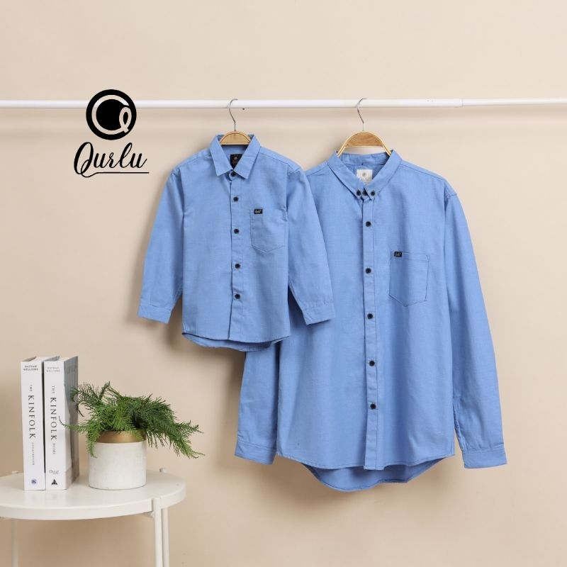 Qurlu - Kemeja KERAH FORMAL Dewasa/Anak warna BIRU (bisa couple ayah anak)