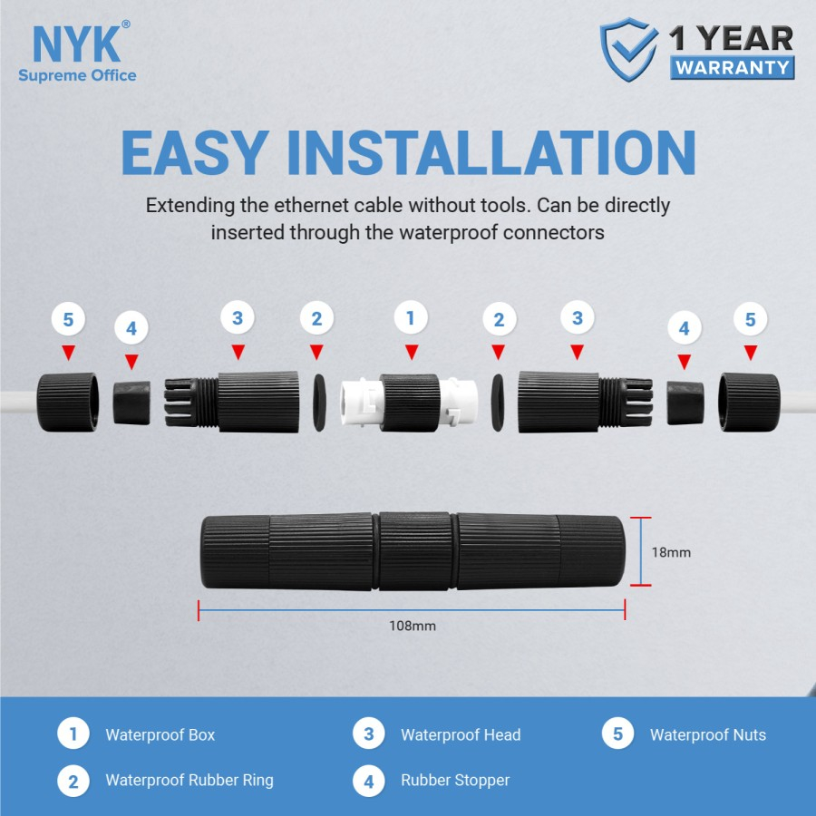 NYK Barel RJ45 Waterproof Outdoor RJ 45 Barrel Coupler tahan Air