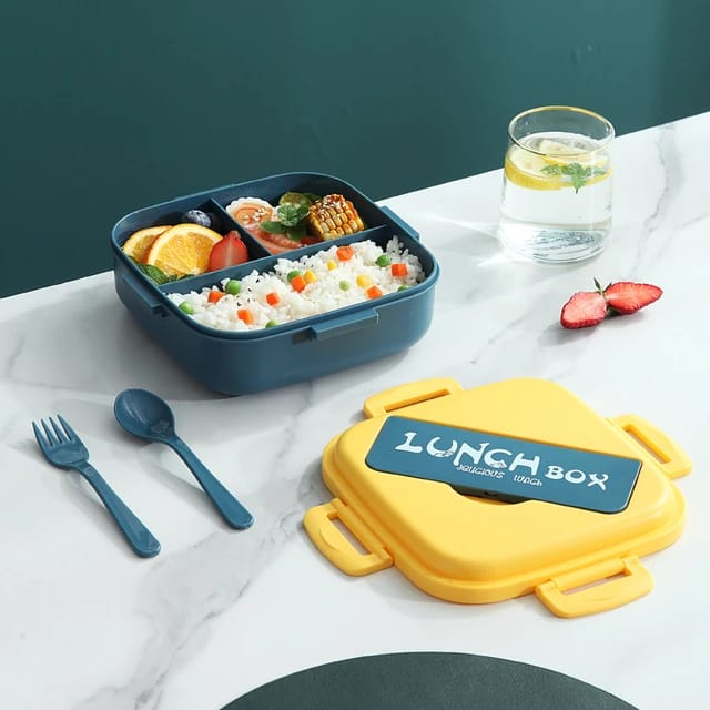 Kotak Makan Lunc Box Bento 3 Sekat Include Sendok &amp; Garpu Volume 1100ml