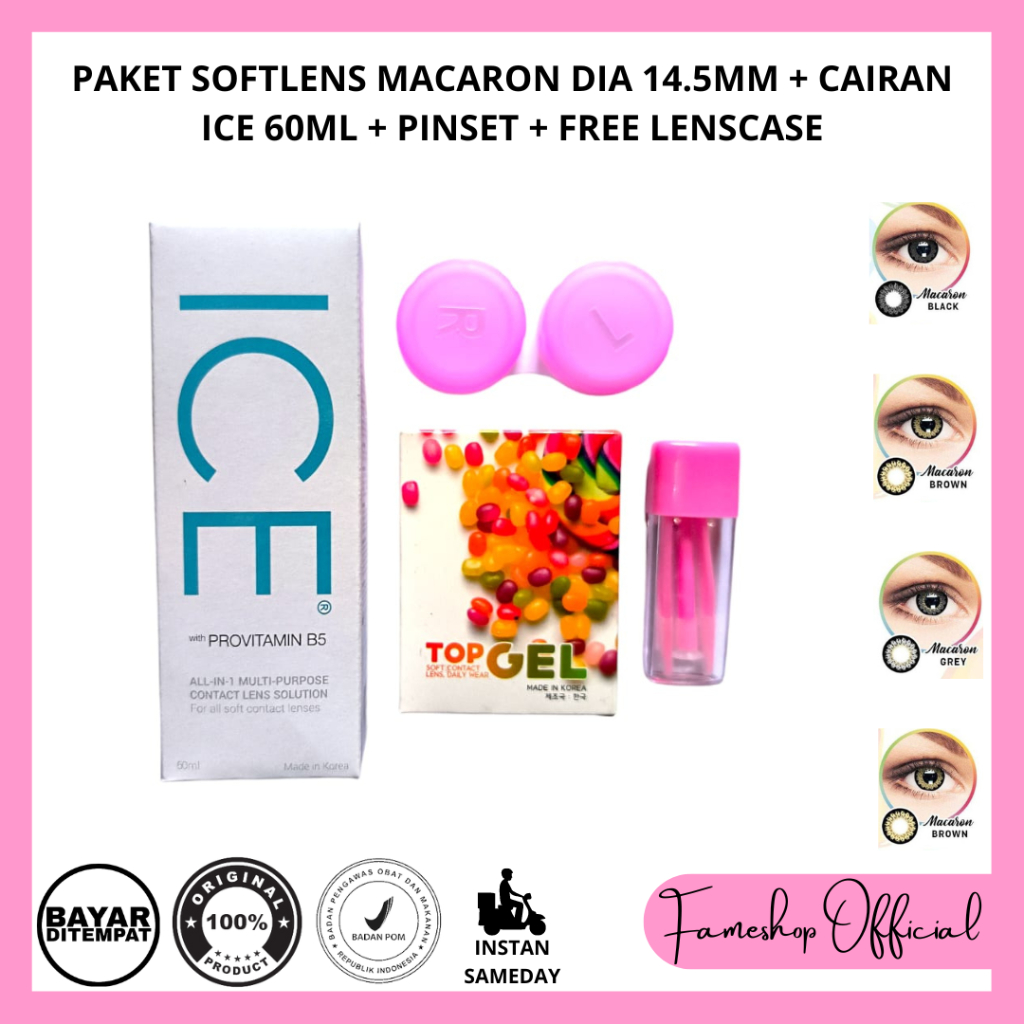 PAKET SOFTLENS TOP GEL MACARON DIA 14.5MM + CAIRAN ICE 60ML + PINSET + FREE LENCASE