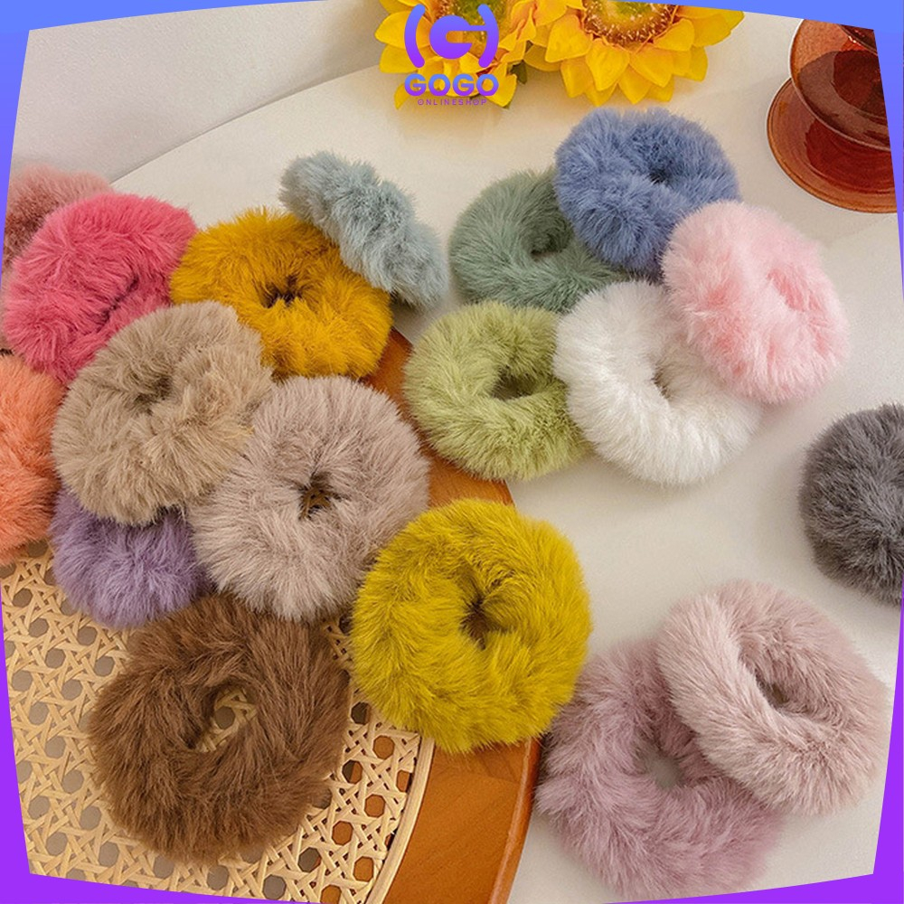 GOGO-C877 Ikat Rambut Bulu Pompom Polos Elastis Korean Style / Scrunchie Ponytail Ikat Rambut Anak Perempuan / Karet Aksesoris Rambut Cepol Wanita Import