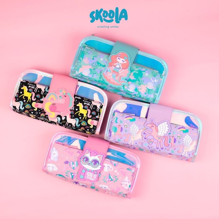 Skoola Tempat Pensil Lipat 3 Pencil Case Threefold Anak Perempuan Lucu Unicorn Cat Mermaid - Pensy