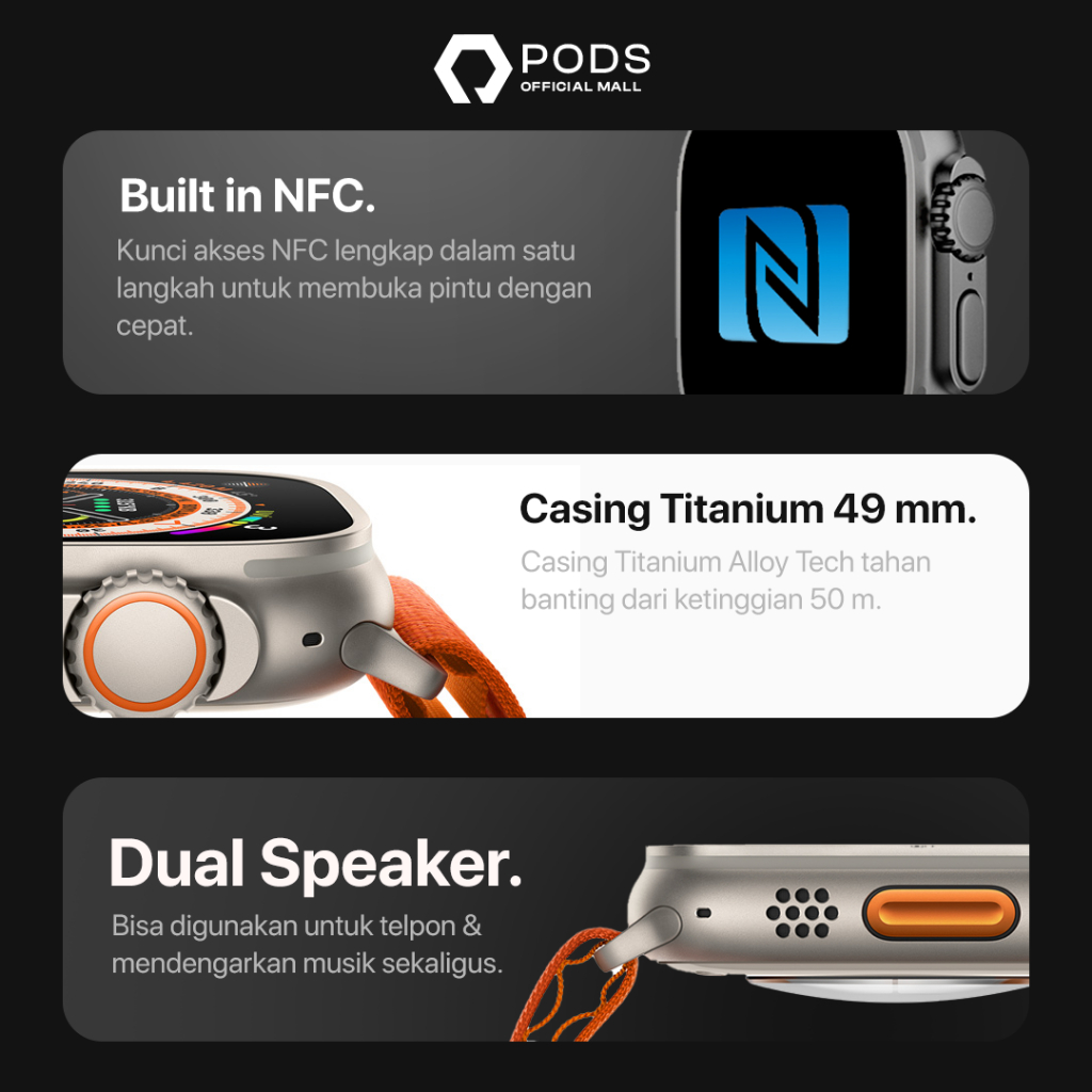 [TWIN SERIES] The Watch Series 8 ULTRA PRO 2023 Bluetooth Smartwatch (Garansi Resmi 3 Tahun) Titanium IP67 Water Dust Resistant Waterproof NFC-Full Touch Screen Phone Call Wireless Charge-iWatch Series 8 Pro Max for IOS Android by Pods Indonesiaa