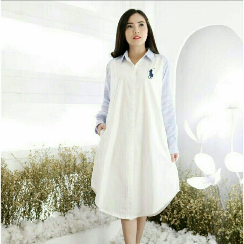polo tunik kombinasi warna putih biru fashion tunic cewek Bahan Katun ukuran XXL new panjang murah