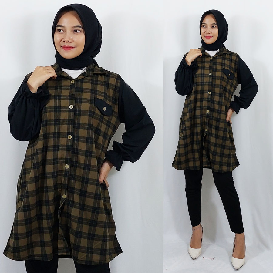 CARLINA TUNIK KOTAK PUTRI DRESS KEMEJA TARTAN FLANEL WANITA FASHION