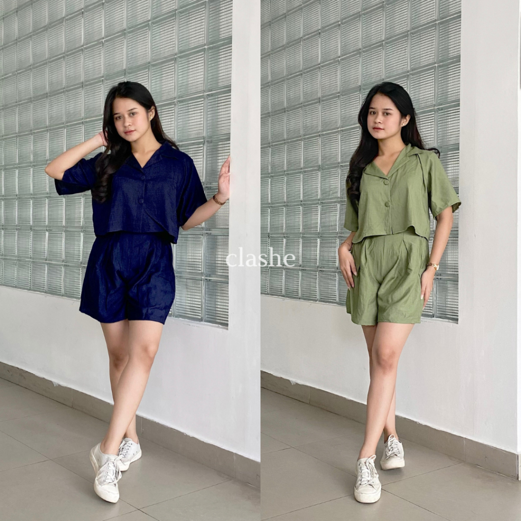 Setelan Wanita Atasan Kemeja Lengan Pendek Dan Celana Pendek Linen Korean Style Kekinian Terbaru Ootd Zia Set by Clashe