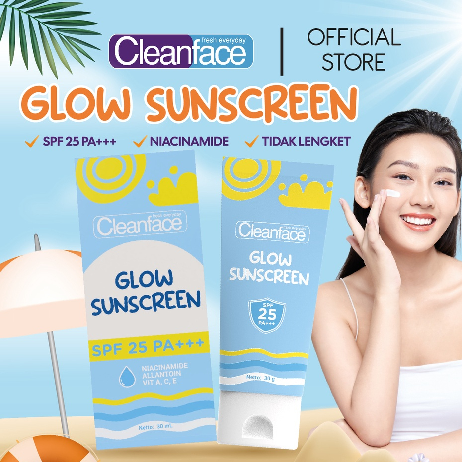 CLEANFACE GLOW SUNSCREEN - TABIR SURYA 30ML SPF 25+++|melindungi kulit dari sinar uv