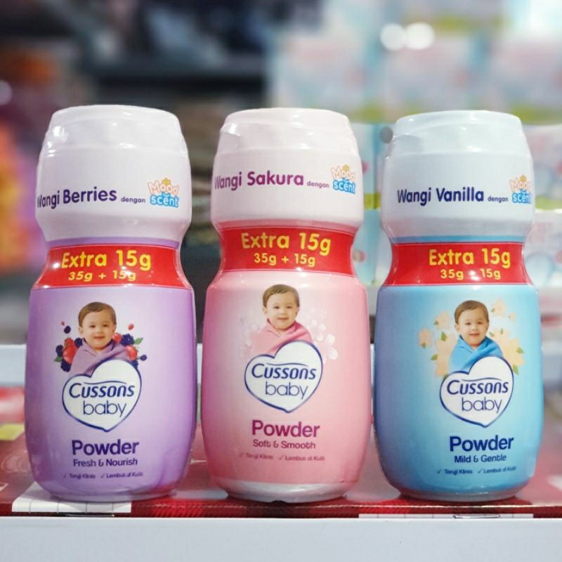 Cussons Baby Powder Extra 15g (35g + 15g) dan 50% (50g + 25g) Bedak Bayi