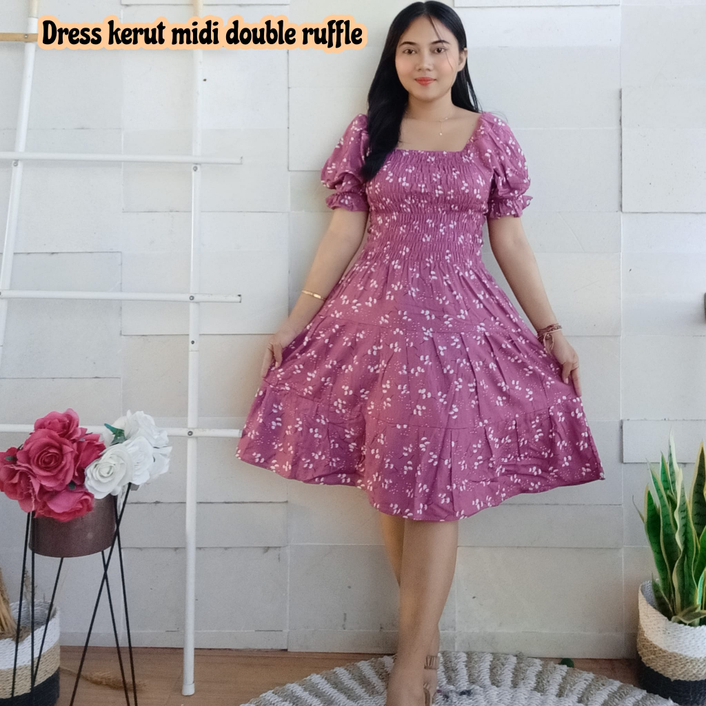 DRESS KERUT MIDI DOUBLE RUFFLE