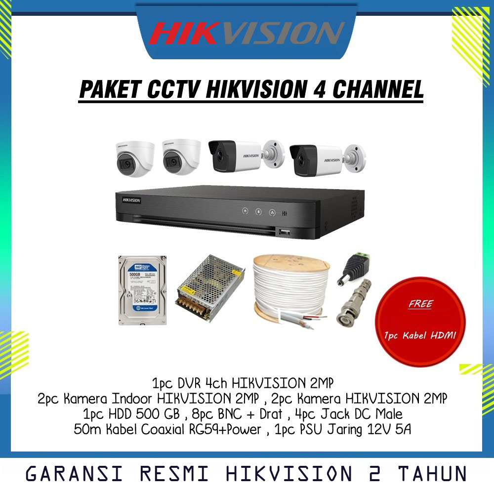 Paket CCTV 4 Kamera HIKVISION 2MP Lengkap Siap Pasang
