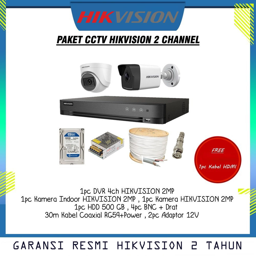 Paket CCTV 2 Kamera HIKVISION 2MP Lengkap Siap Pasang
