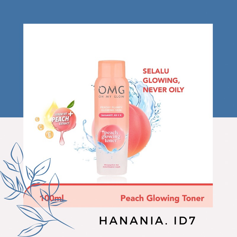 OMG Oh My Glow Peach Glowing Toner Indonesia / Essence Mist Pelembab Wajah 100ml / Skincare Face Care / Facial Wash Cleanser Serum Day Night Eye Cream Moisturizer Sunscreen Mask / Body Lotion / Make Up Glam Foundation Lip Cream / Brightening Acne Paket