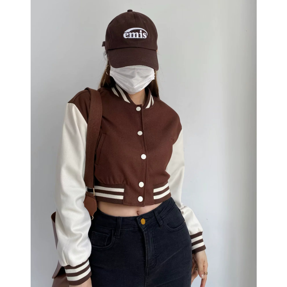 XIAOZHAINV Jaket Baseball Pendek Wanita Korean Style Lengan Panjang Crop Top 0798