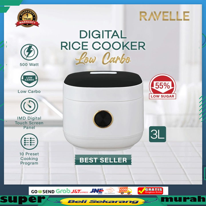 RAVELLE Digital Rice Cooker Low Carbo 3 Liter Penanak Nasi Rendah Gula BERGARANSI RESMI