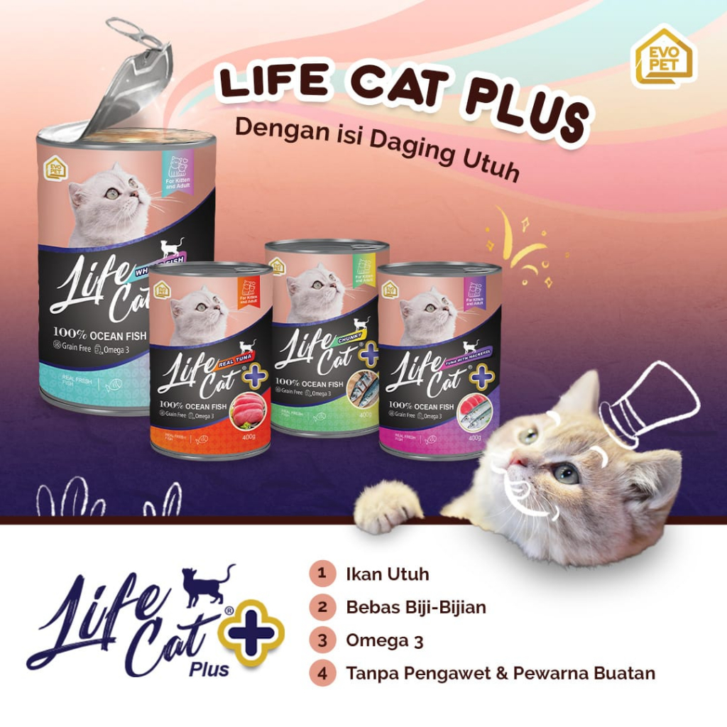 GRAB/GO-JEK ( 24 KALENG / 1 DUS ) Makanan Kucing Life Cat Kaleng Plus Tuna With Mackerel 400g Wet Food / Life Cat + Kaleng