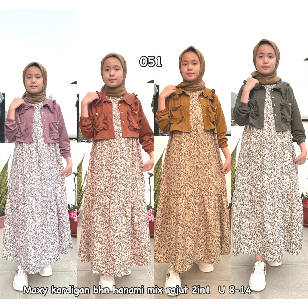 dress/gamis wanita maxy cardigan hanami mix rajut untuk anak kecil/remaja umur 8-14 tahun