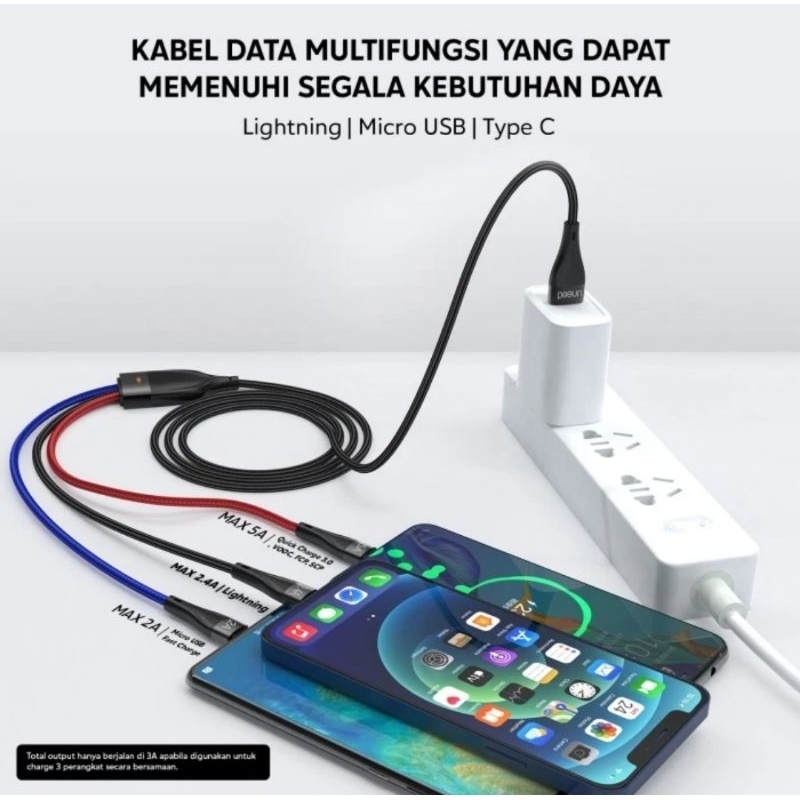 Uneed Kabel Data 3in1 Mikro+Type C+Iphone Lightning 5A QC VOOC - UCB51