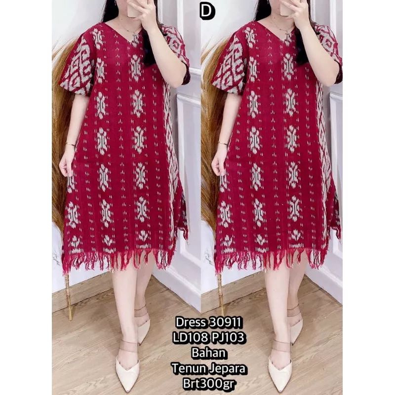 BAJU DRESS TENUN, KOMBINASI RUMBAI MOTIF ETNICK