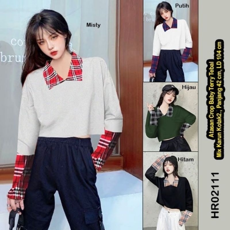 Atasan Crop HR2111Atasan,Crop,Lengan Panjang,Kerah,Kotak2,Baby Tery Polos