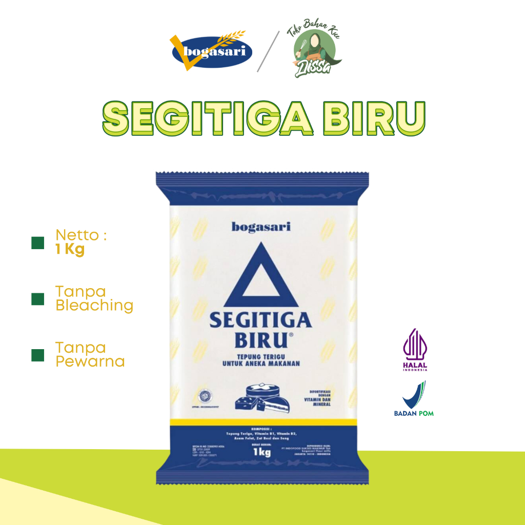 

Segitiga Biru 1 Kg | Tepung terigu Bogasari Protein Sedang - Tobaqdissa