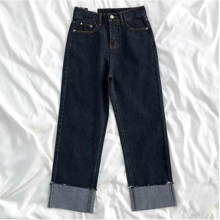 celana jeans hitam wanita/retro highwaist loose jeans kekinian korea style straight jeans