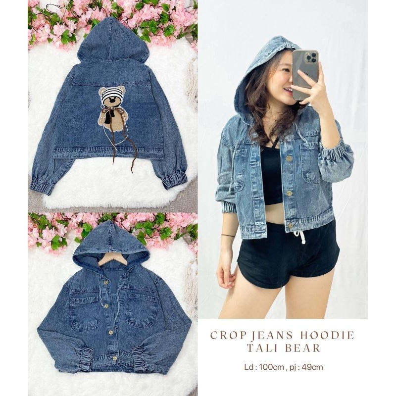 MDLV ~ Jaket Jeans Bear Tangan Balon CJ Hoodie Tali Bear