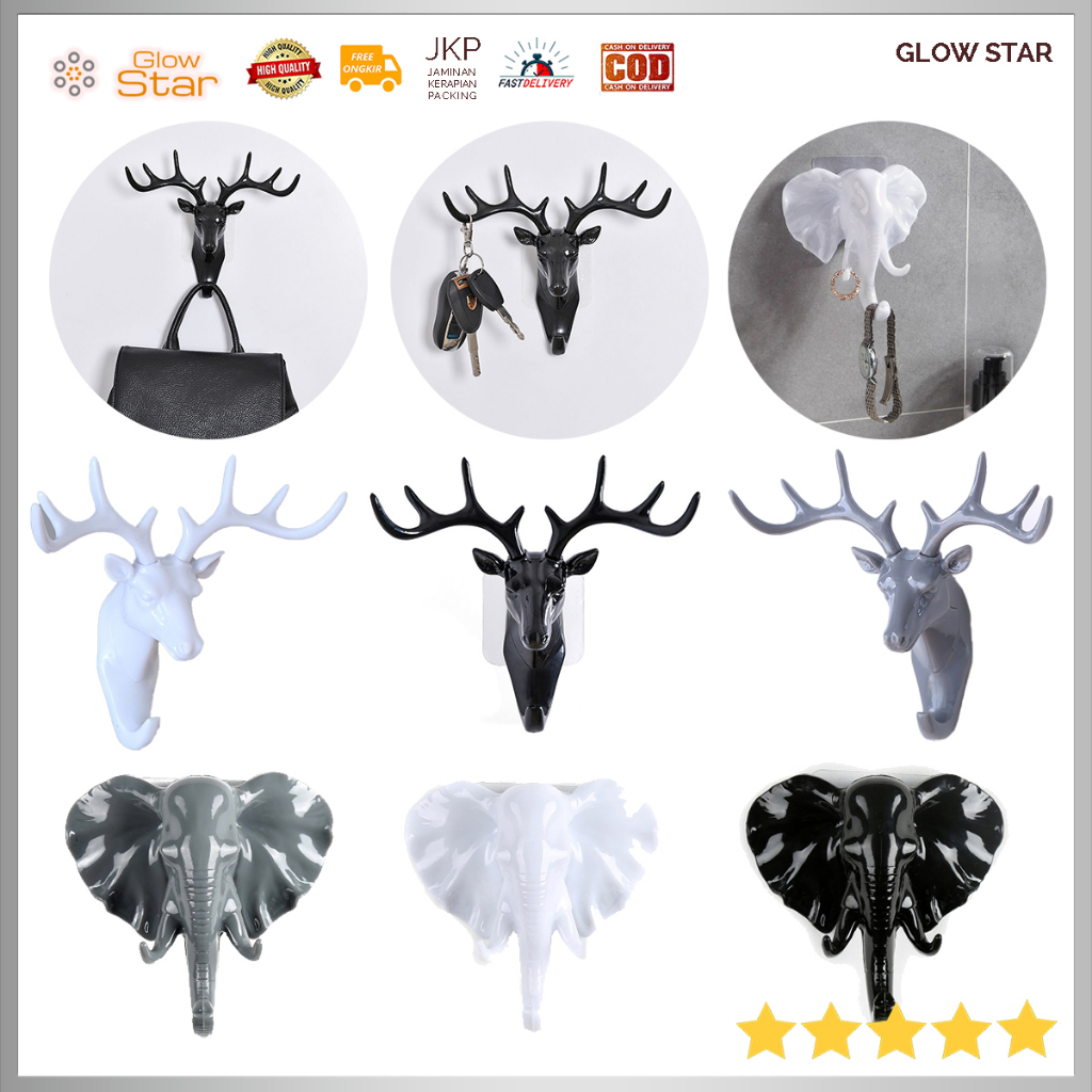 Gantungan Dinding Plastik Model Kijang Antlers Head Black Tanduk Hitam Putih Abu bentu gajah grey elegan hook tempelan dinding kamar mandi ruang kerja bentuk hewan estetik