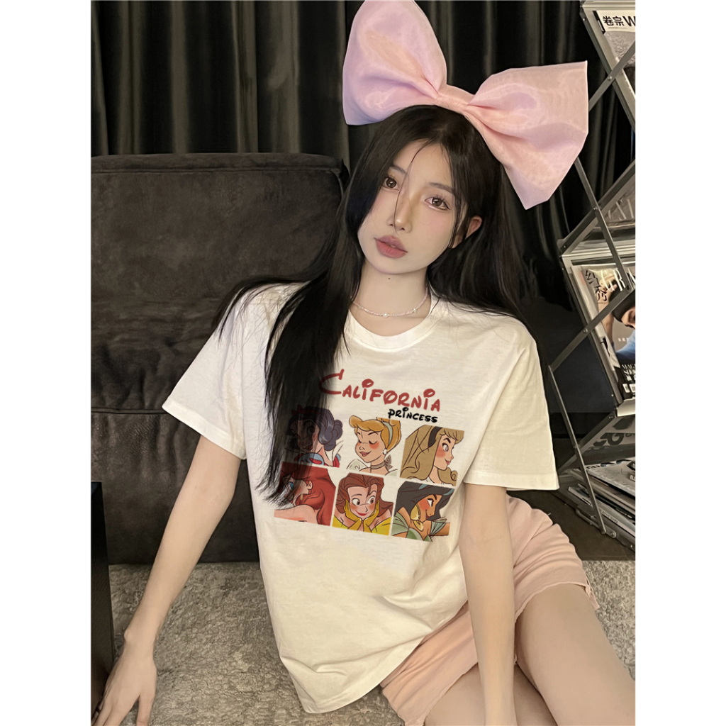 EUNII T-shirt Lengan Pendek Cartoon Disney Princess Printing Korean Style/Kaos Atasan Wanita/Baju Kaus Oversize Wanita/Kaos Wanita