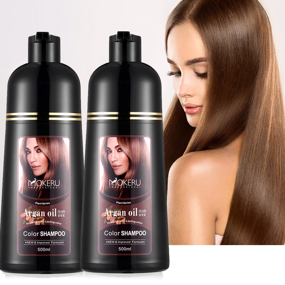 Mokeru Shampoo Semir Pewarna Rambut Herbal 500ml / Dark Brown Hair Dye Shampoo Argan Oil