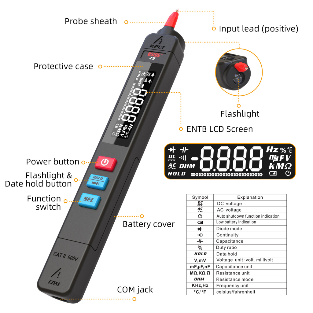 BSIDE Digital Multimeter Voltage Tester Pen LCD Screen 6000 Count - Z5 - Black