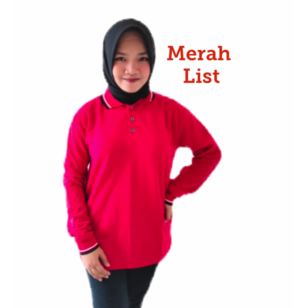 Kaos Kerah FO LIST Panjang Wanita warna Merah - Kaos Kerah Lengan Panjang FO LIST - Kaos Kerah Perem