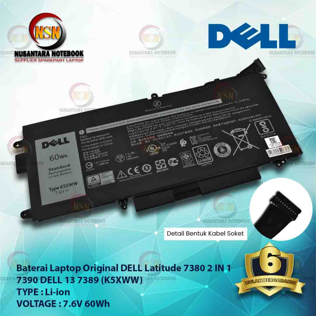 Baterai Dell Latitude 5289 13 7389 5289 3180 K5XWW 7.6V 60Wh