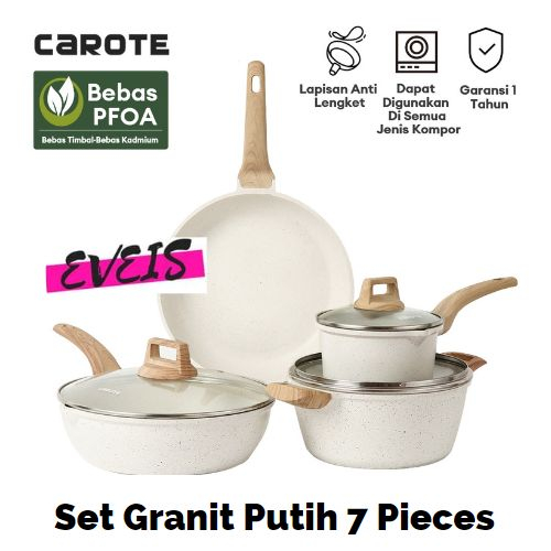 CAROTE Set Combo 7 Pc - Panci Granit Putih Antilengket - Fry Pan, Sauce Pan