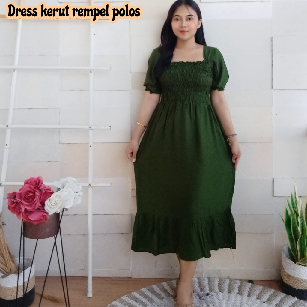 DRESS KERUT REMPEL PANJANG LENGAN PENDEK POLOS