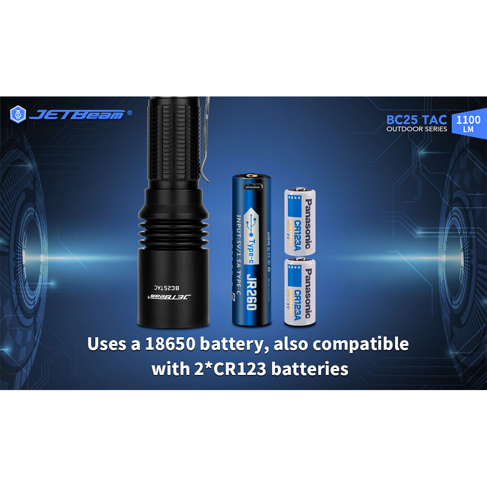 JETBeam Senter LED CREE XP-L HI Outdoor Flashlight Rechargeable 1100lm - BC25 TAC - Black