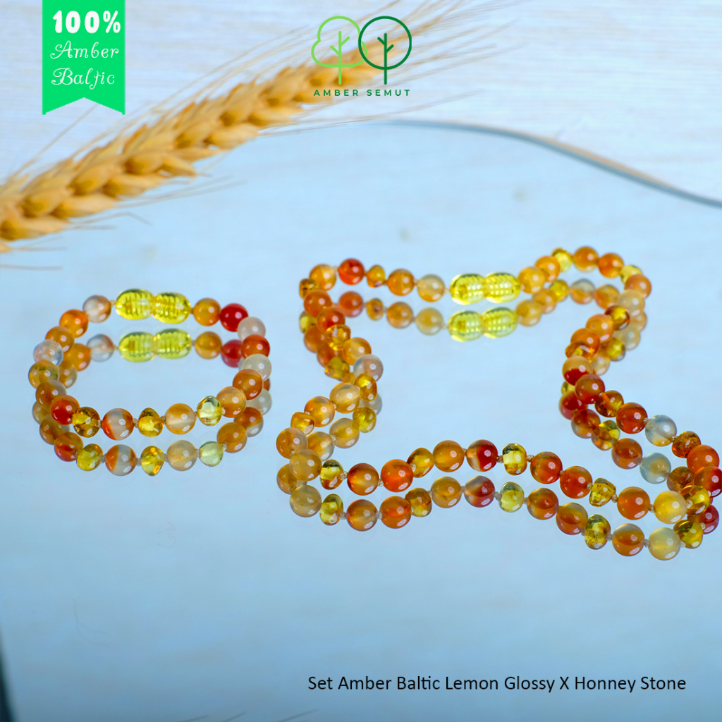 PROMO FREE GELANG - Kalung Amber Baltic Lemon Glossy X Honey Agate by AMBER SEMUT