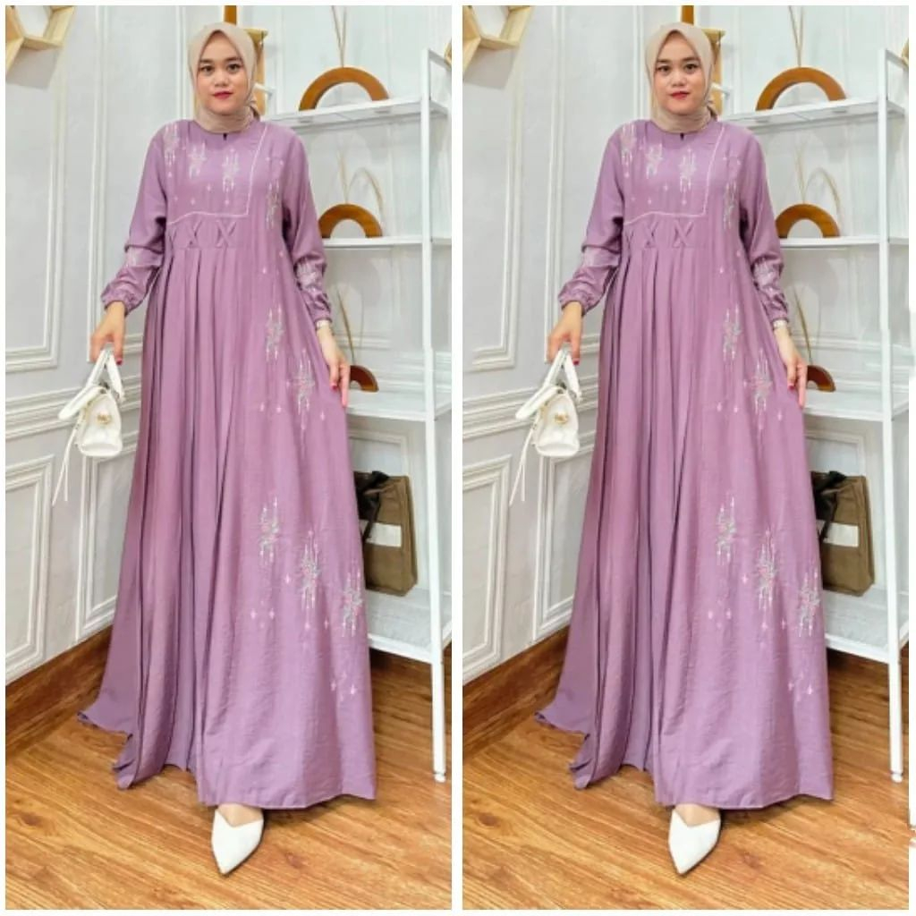 GAMIS WANITA KONDANGAN BORDIR MEWAH TERBARU DRESS WANITA TREND 2023 OOTD KONDANGAN WANITA BEST SELLER WARNA DUSTY PURPEL KARIN MAXY DRESS MURAH IMPOR TERBAIK HABIYA KEKINIAN