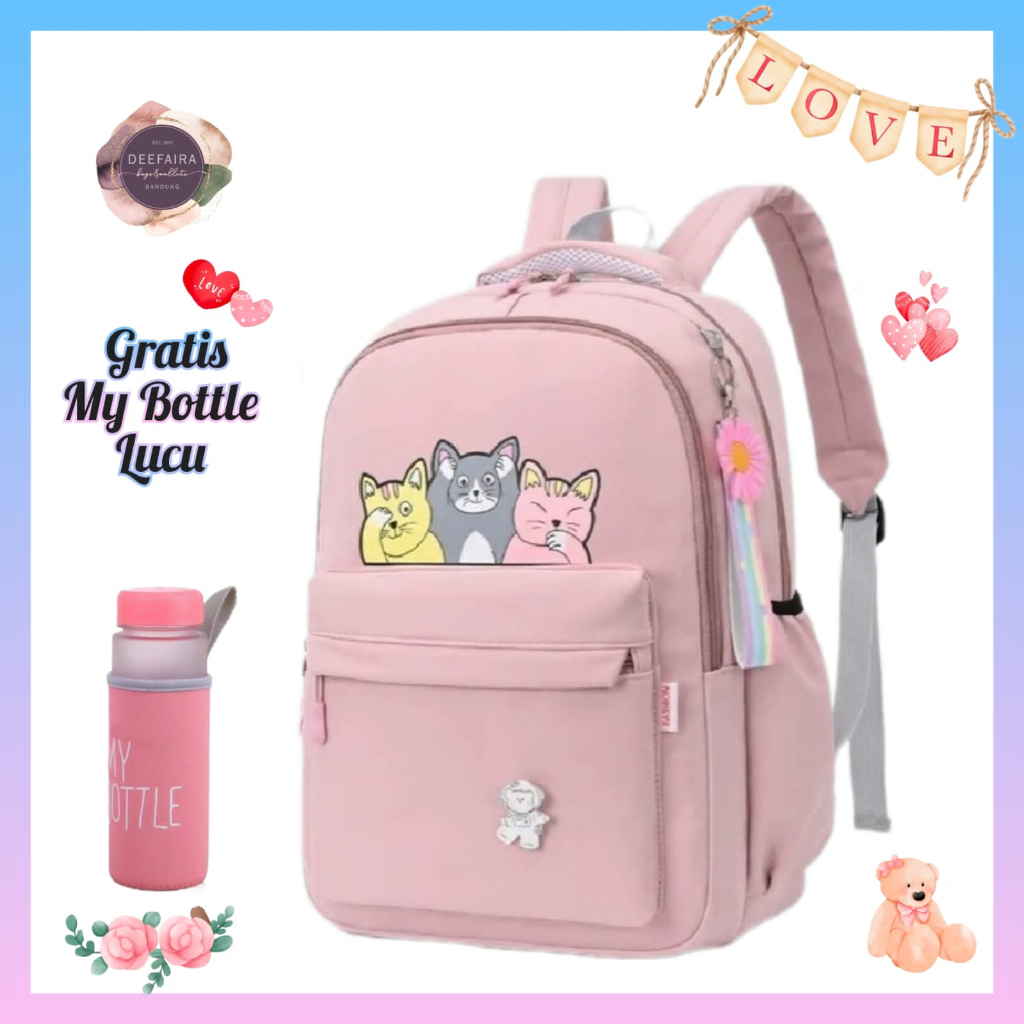 Tas Ransel Sekolah Anak Perempuan Untuk Sd &amp; Smp Model 3 Little Cat Free Botol Minum Lucu