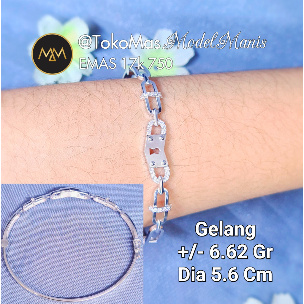 Gelang Bangle Kunci Heart Emas Putih 750 kadar 17k