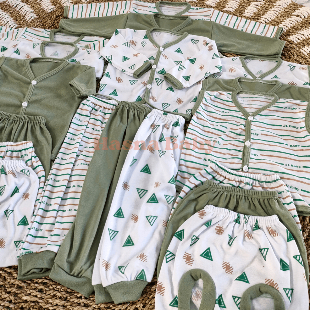 Paket Lahiran 18 Pcs, Setelan Lengkap Baju bayi baru lahir seri Hijau Sage  (9 Setel) Baby Newborn Giftset - Juragan Lebak