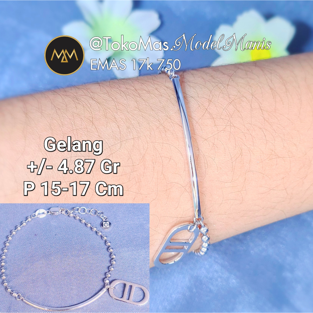 Gelang Biji Lada Plat "DD" Emas Putih 750 kadar 17k