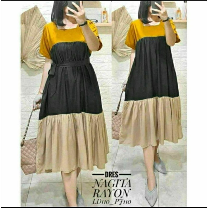 Midi Dress Wanita Dewasa Kekinian Terbaru Busui Lengan Pendek Polos